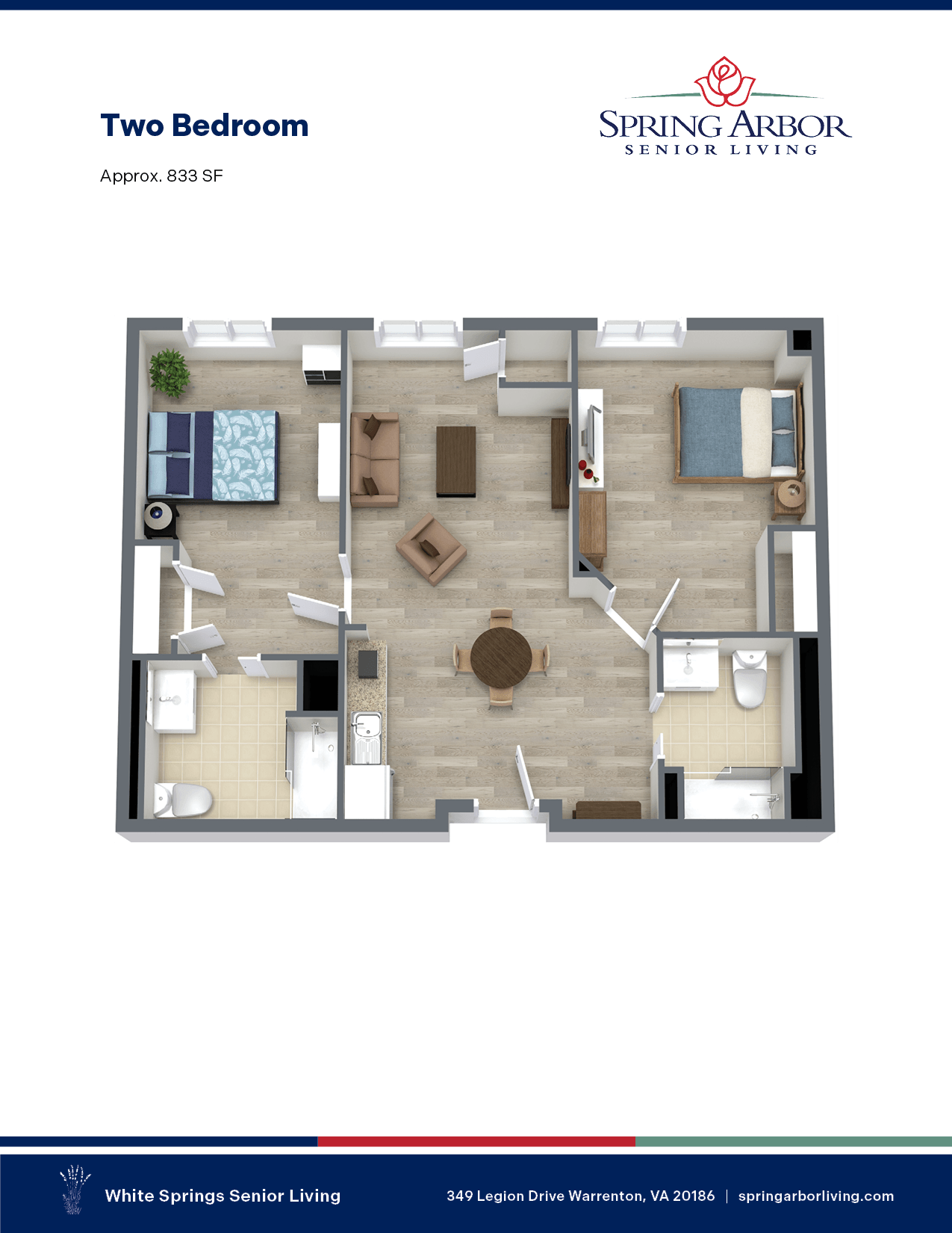 2 Bedroom Floor Plan at White Springs Senior Living, Warrenton, 20186